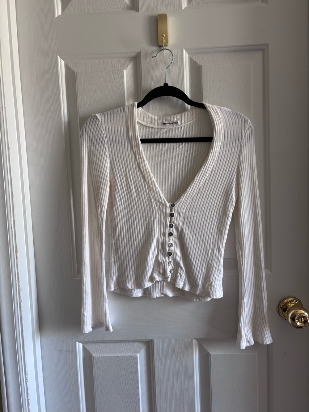 Reformation Virgil White Ribbed V-Neck Button Front Long Sleeve Top